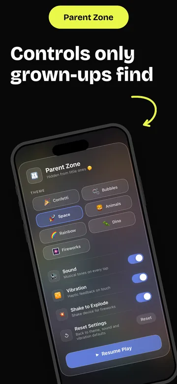 The Parent Zone: theme picker and switches for sound, vibration and shake to explode